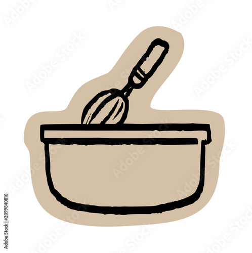 Mixing bowl scrapbook collage, matcha whisk drawing, baking tool icon, kitchen utensil graphic, culinary prep art, cooking supply sketch, vintage paper cutout element