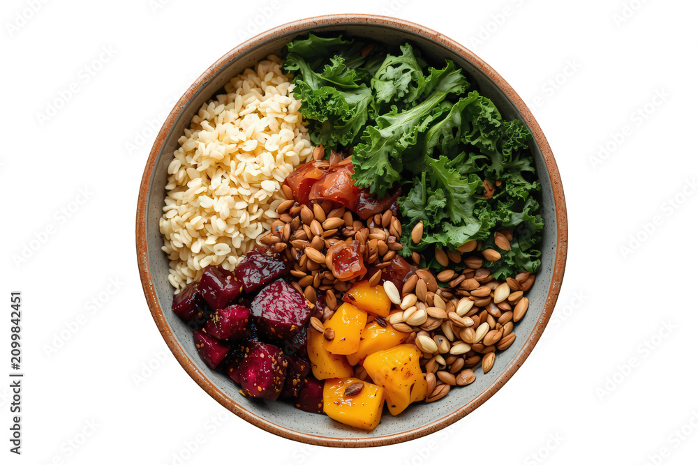Fototapeta premium Healthy buddha bowl with kale, bulgur, beets, mango, dates, almonds, and flax seeds, offering vegan meal prep