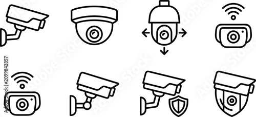 Bild auf Leinwand Minimalist Security Camera and CCTV Line Icon Set with Wireless Dome and Surveil