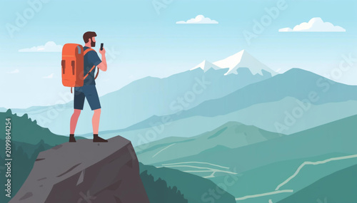 Man with backpack, traveller or explorer standing on top of mountain or cliff and looking on valley. Concept of discovery, exploration, hiking, adventure tourism and travel. Flat vector illustration.