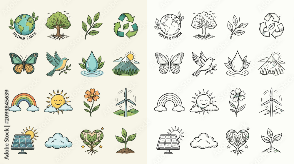 Obraz premium Collection of hand-drawn icons representing nature, ecology, and environmental protection themes.