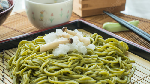 Maccha soba on the japanese plate on the table
