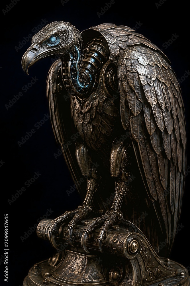 Fototapeta premium Bronze mechanical vulture with glowing blue neck circuit, Halloween steampunk concept