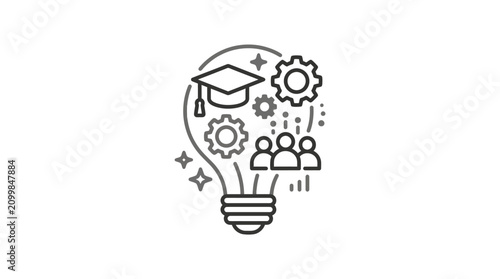 Elegant Minimalist Black and White Featuring Lightbulb Graduation Cap Gears and Silhouette Figures