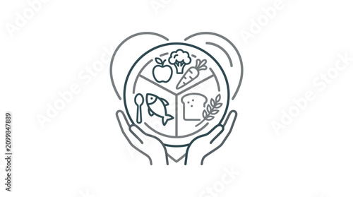 Elegant Minimalist Line Drawing of Hands Holding a Circular Food Nutrition Guide with Vegetables Fish Bread and Spoon