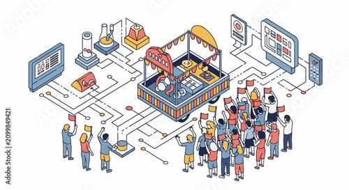 A big group of many people watch a tech float in a city parade vector