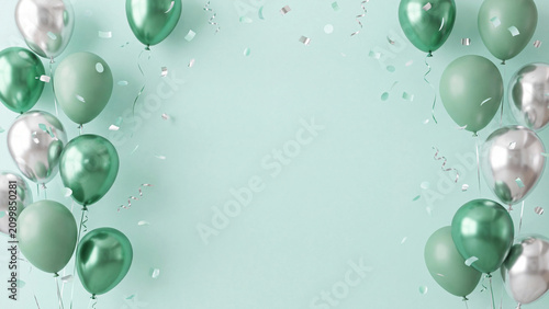 Balloons in shades of green and silver decorate the edges of a light mint backdrop to provide a clean space for promotional text or event details.