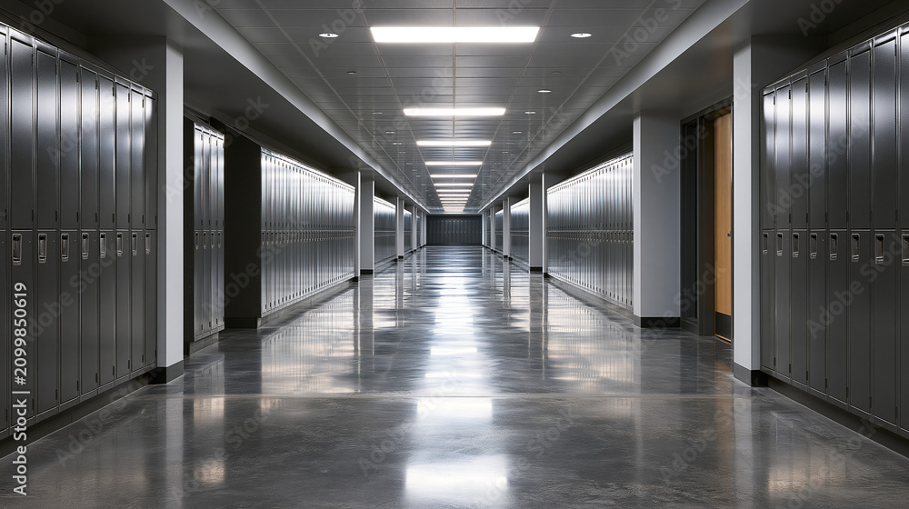 Fototapeta premium Empty school hallway with rows of dark gray metal lockers and a shiny reflective floor.