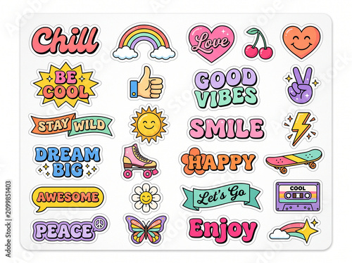 Set of colorful retro aesthetic stickers with positive quotes and cute doodles for scrapbooking