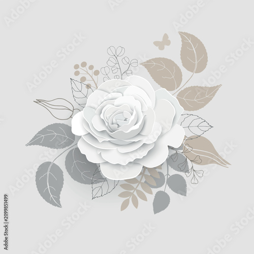 Paper flower. White roses cut from paper. Wedding decorations. Decorative bridal bouquet, isolated floral design elements. Greeting card template, blank floral wall decor.
