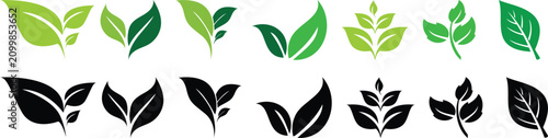 Tableau sur toile Collection of various green leaf icons representing nature and plant growth on transparent background