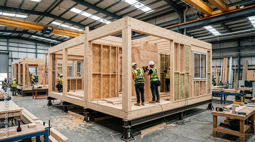 Construction workers build modular wood house frame in factory workshop