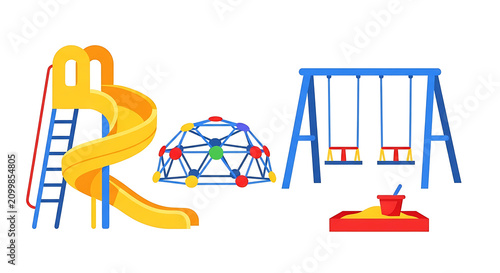 A vibrant playground clipart illustration featuring a slide swing set climbing dome and sandbox for children outdoor play