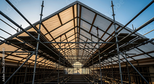 Scaffolding at a construction site with a temporary roof for a building project metal structure