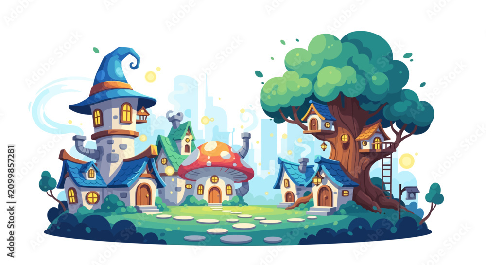 Fototapeta premium Magical Pixel Art Village with Mushroom Homes and Wizard Tower