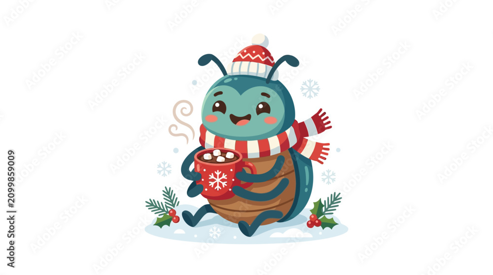 Naklejka premium Cute cartoon beetle in winter hat and scarf holding hot chocolate with marshmallows