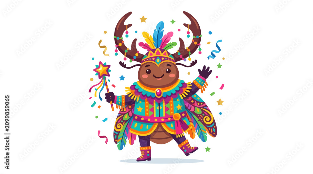 Naklejka premium Cute cartoon beetle in carnival costume, holding star wand, confetti, happy celebration