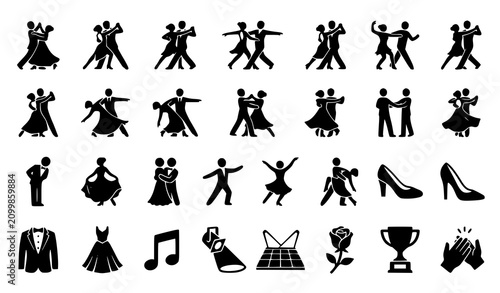Schilderij op canvas Ballroom dance silhouette icon set with waltz tango salsa elegant couples and fo
