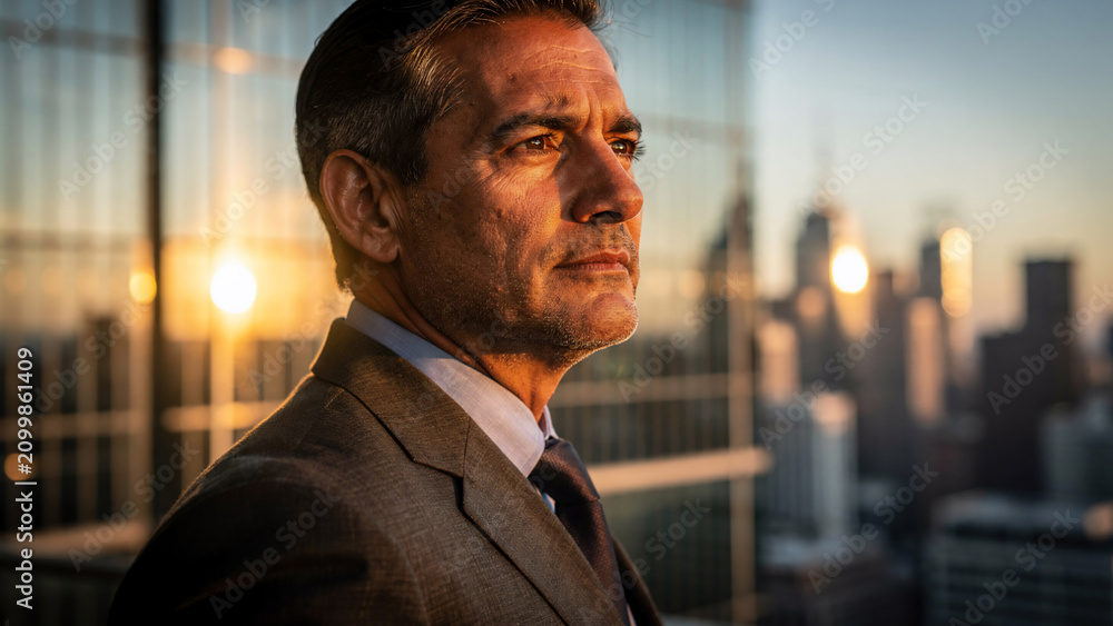 Fototapeta premium Mature businessman looking out over city skyline at sunset, golden hour lighting, portrait ideal for corporate advertising, executive lifestyle and financial success themes
