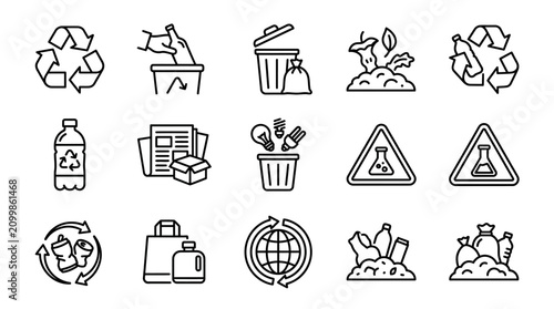Canvastavla Modern Black and White Line Icons Set Featuring Recycling Waste Management Susta