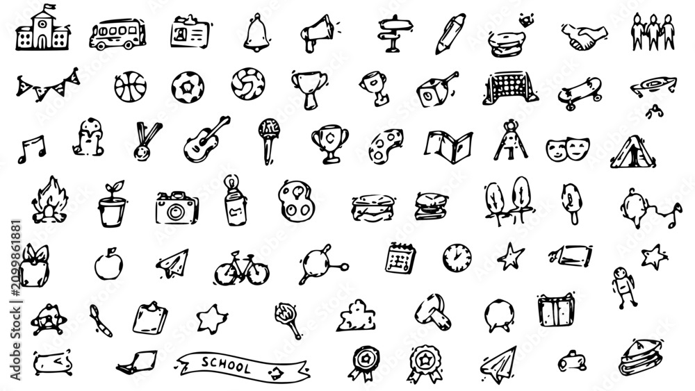 Obraz premium Hand Drawn School Life and Activities Doodle Icon Set, Student Sports and Education Outline Collection