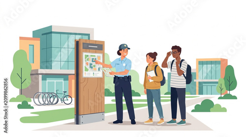 A female police officer points to a campus map on an information board, assisting two young students with backpacks outside modern buildings on a sunny day