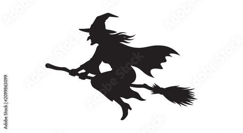 Tableau sur toile Witch on broomstick black silhouette against white background