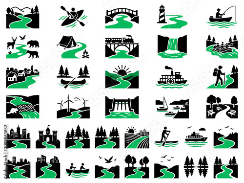 River and Nature Icons: Outdoor Activities, Landscapes, and Industry