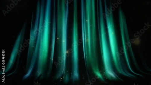 Dynamic abstract green and blue light curtains on a dark background, creating a vibrant, flowing aurora borealis inspired effect.