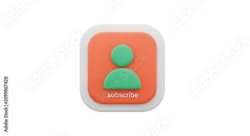 3D render of a green user icon on an orange square with the word 'subscribe'