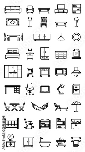 Set of furniture and home decor icons, line art style