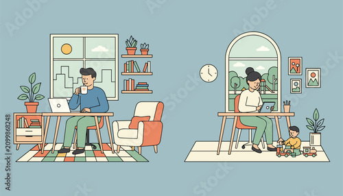 Two separate home office setups showing a man drinking coffee while working and a woman busy with a child at home.