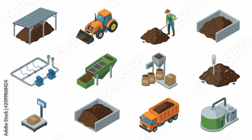 Foto Collection of farming and construction equipment in isometric style