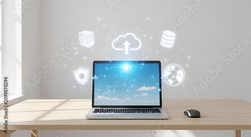 3D render of a laptop displaying a cloud computing interface with digital network icons and data symbols