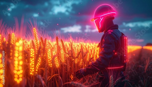 Neon-Lit Cyberpunk Figure in Wheat Field - A Futuristic Harvest.