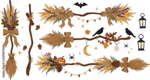 Watercolor halloween collection featuring decorative witch brooms magic wands black ravens lanterns bats and autumn leaves isolated on a white background