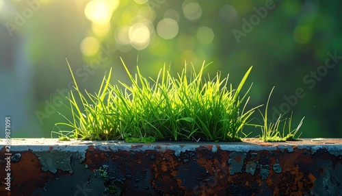 Patch of vibrant green grass growing on weathered metal surface.