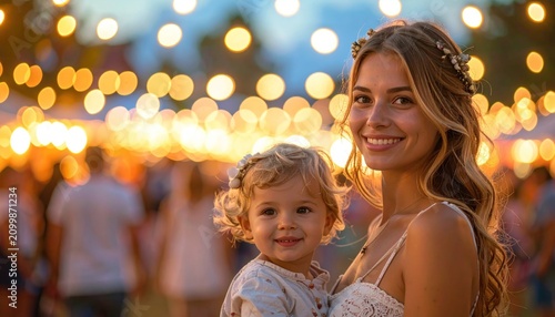 Radiant Mother and Child Embrace in Festive Outdoor Celebration.