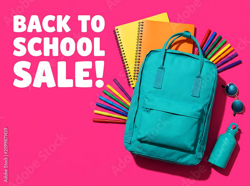 Bold Back to School Flat Lay with Teal Backpack and Markers on Hot Pink Background with Copy Space