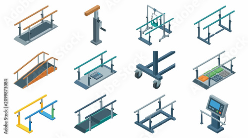Isometric set of industrial and accessibility equipment illustrations.