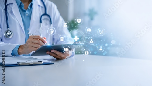 Medical professional examining electronic patient records on tablet. futuristic medical doctor using AI healthcare with healthcare, electronic. futuristic medical doctor using AI healthcare