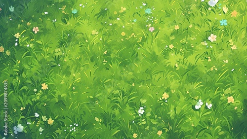 花咲く草原の俯瞰背景イラスト 自然テクスチャ素材