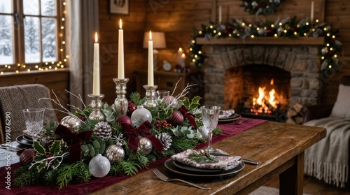 Cozy Christmas dining table setting with festive centerpiece and fireplace