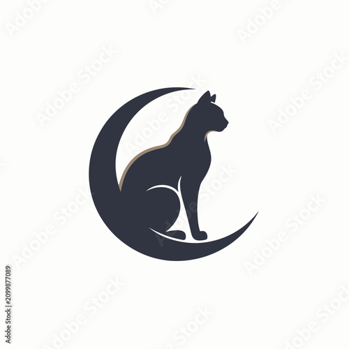 Minimalist silhouette of cat sitting on crescent moon