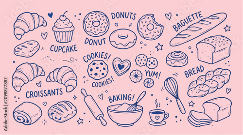 Hand drawn bakery doodles vector set, blue line art pastry and bread illustrations, cute baking icons for cafe menu and kitchen decor isolated PNG with Transparent Background