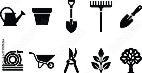 Obraz na płótnie Gardening tools and equipment icons set, plants and outdoor activity supplies