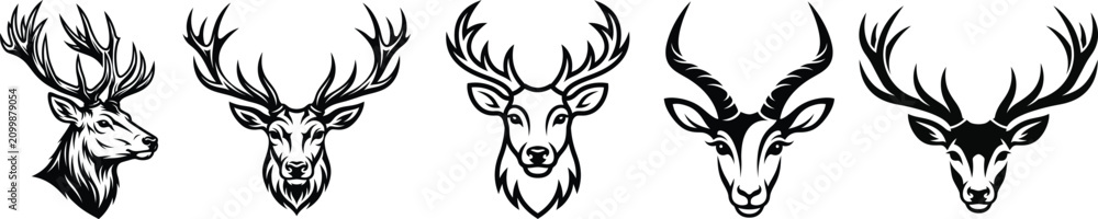 Fototapeta premium Deer Head Silhouette Icon Set - Black Filled Glyph Stag Antler Wildlife Vector Collection.