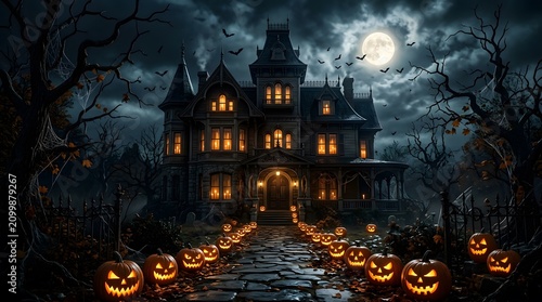 Fototapeta Spooky haunted mansion at night with glowing jackolanterns on a stone path