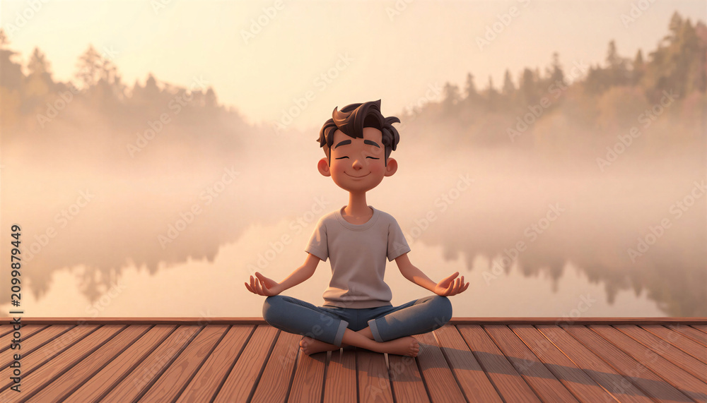 Fototapeta premium Cute cartoon young man meditating in lotus position on yoga mat outdoor at sunset