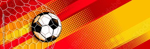 Vibrant Spain football background with red and yellow brush strokes and soccer ball composition. Energetic sports design inspired by Spanish national colors.